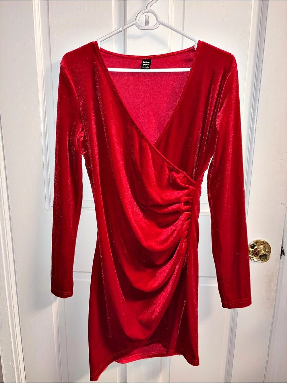 SHEIN Wrap Front Ruched Detail Velvet Dress Red Velvet Mini Dress